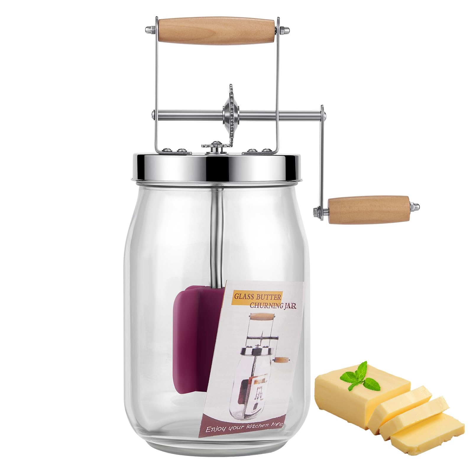 Butterfass Glas mit Handkurbel, 1,5L Butterfass Zum Butter Machen Mit Holzgriff Edelstahlgetriebe Manuelle Buttermaschine,Butter Selber Machen für Kräuterbutter, Knoblauchbutter (1.5L)