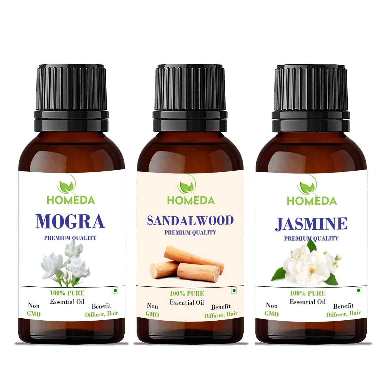 Homeda Sandalwood, Mogra and Jasmine Essential Oils Combo for Home Fragrance, Diffuser, Pooja (Chandal Oil original, Jasmine Oil) - 100% Pure for Skin, Face, Hair - 15ml each - Set of 3