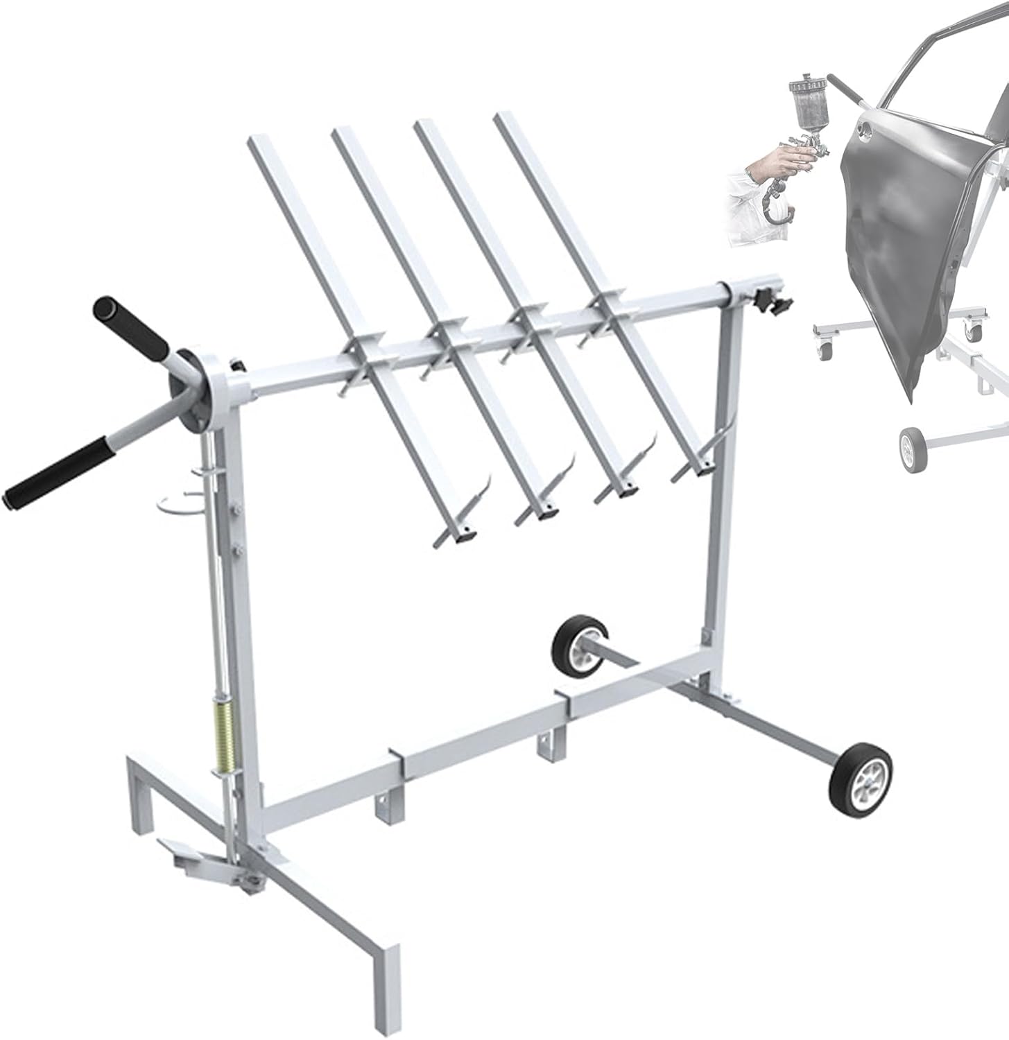 Universal Automotive Paint Stand, 360º Rotating Rack Auto Panel Hood Hanger, Adjustable Tree Holder for Doors Bumpers Fenders Hoods(4 wheels 3 hooks)