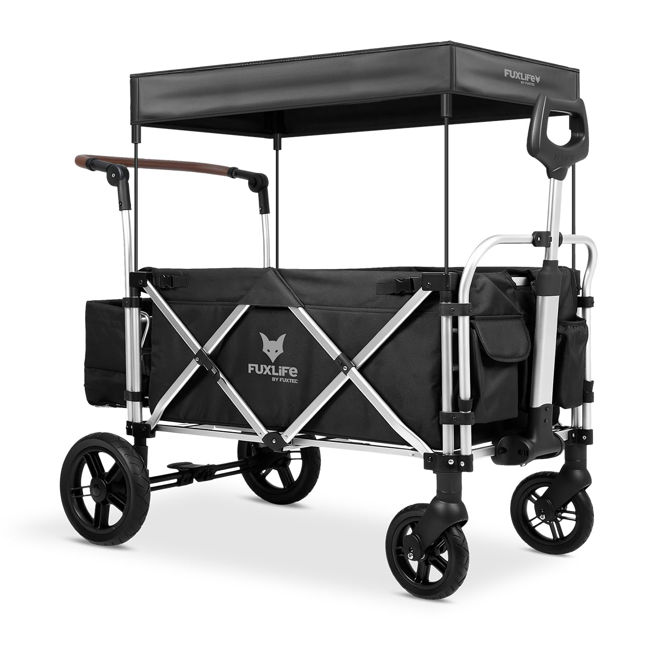FUXLIFE handcart FX-CTL900 negro - premium plegable - carro de transporte para niños con toldo - interior acolchado y arnés de 5 puntos - ruedas con muelles - carro compacto plegable con bolsa de frío