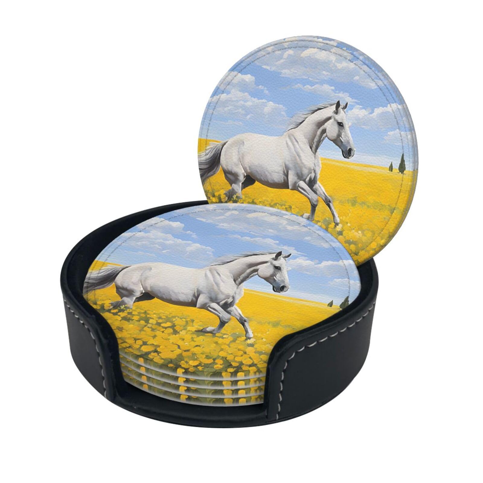 Horses Running Art Print Coaster,Round Leather Coasters with Storage Box for Wine Mugs,Cold Drinks and Cups Tabletop Protection (6 Piece)