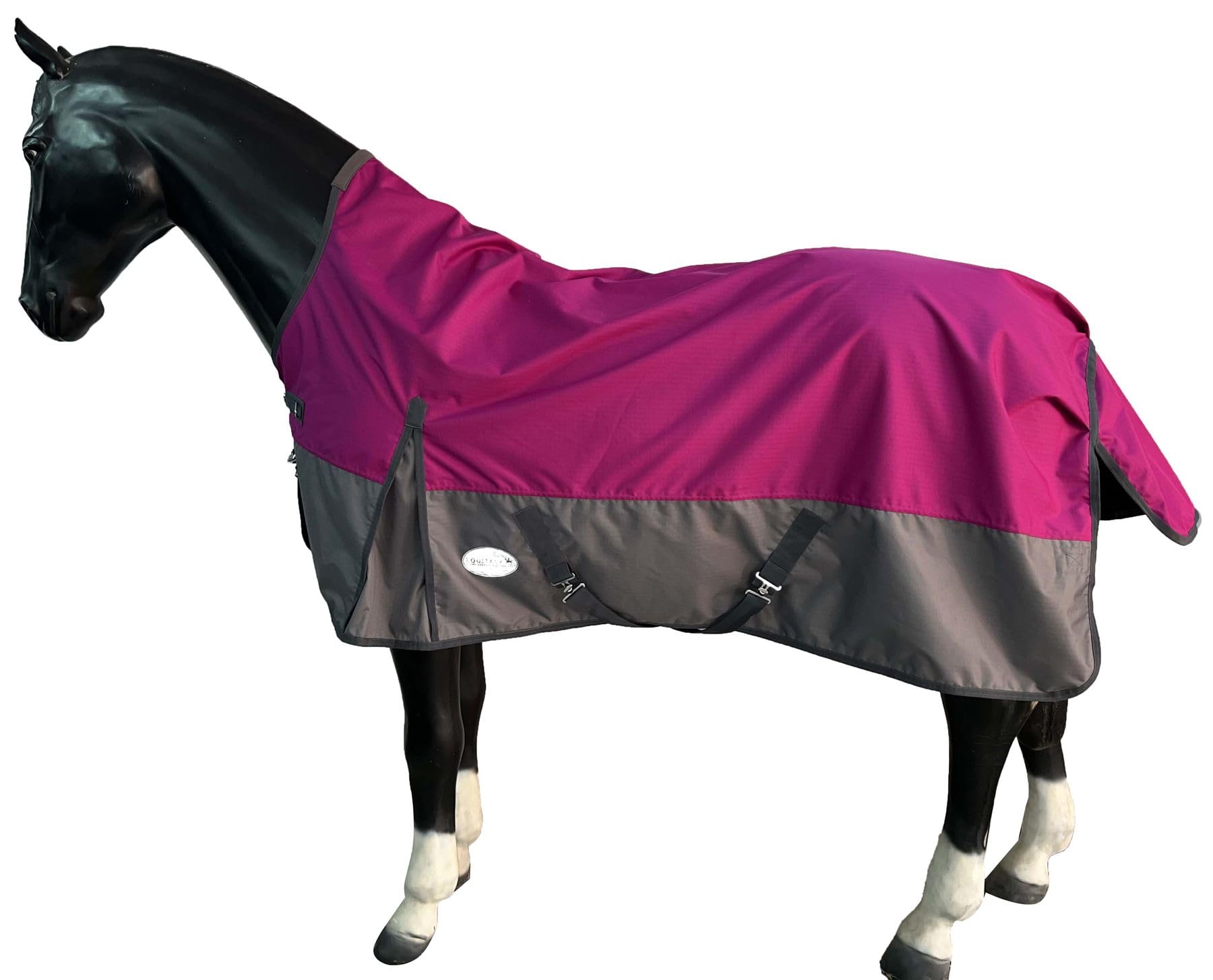 Equitack 600D Regendecke Pferd, 145cm | 0g Highneck Outdoordecke Pferd | wasserdichte Pferdedecke mit Schulterzwickeln | Raspberry/Grau