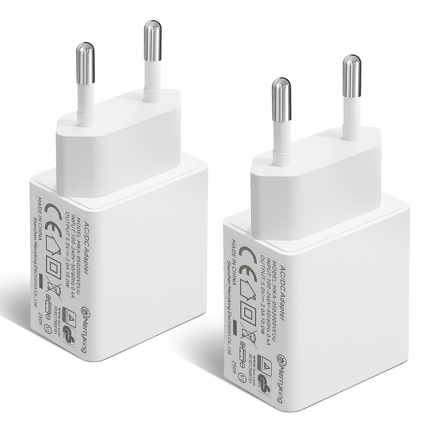Zestaw 2 sztuk certyfikowanych przez CE ładowarek ściennych USB 5 V 2 A, zasilaczy AC/DC, uniwersalnych wtyczek USB do podróży, przeznaczonych do telefonów, tabletów, głośników Bluetooth, smartwatchy