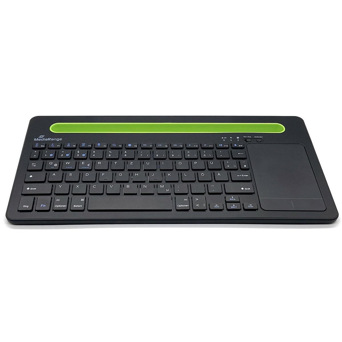 MediaRange, Bluetooth, compact multi-pairing wireless keyboard with 78 keys and touchpad, QWERTZ (DE/AT/CH) keyboard layout, black/green