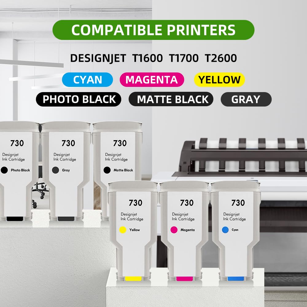 Cartuccia d'inchiostro 730 P2V68A P2V69A P2V70A P2V71A P2V72A 300ml compatibile per HP 730 serbatoio d'inchiostro per DesignJet T1600 T1700 T2600 stampante plotter, con chip, confezione da 6 (6 pezzi)