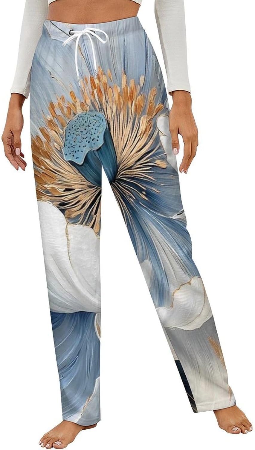 Peony Flower with Golden Lace Flannel Pajama Pants Women Soft Fleece Sleep Pj Lounge Bottoms