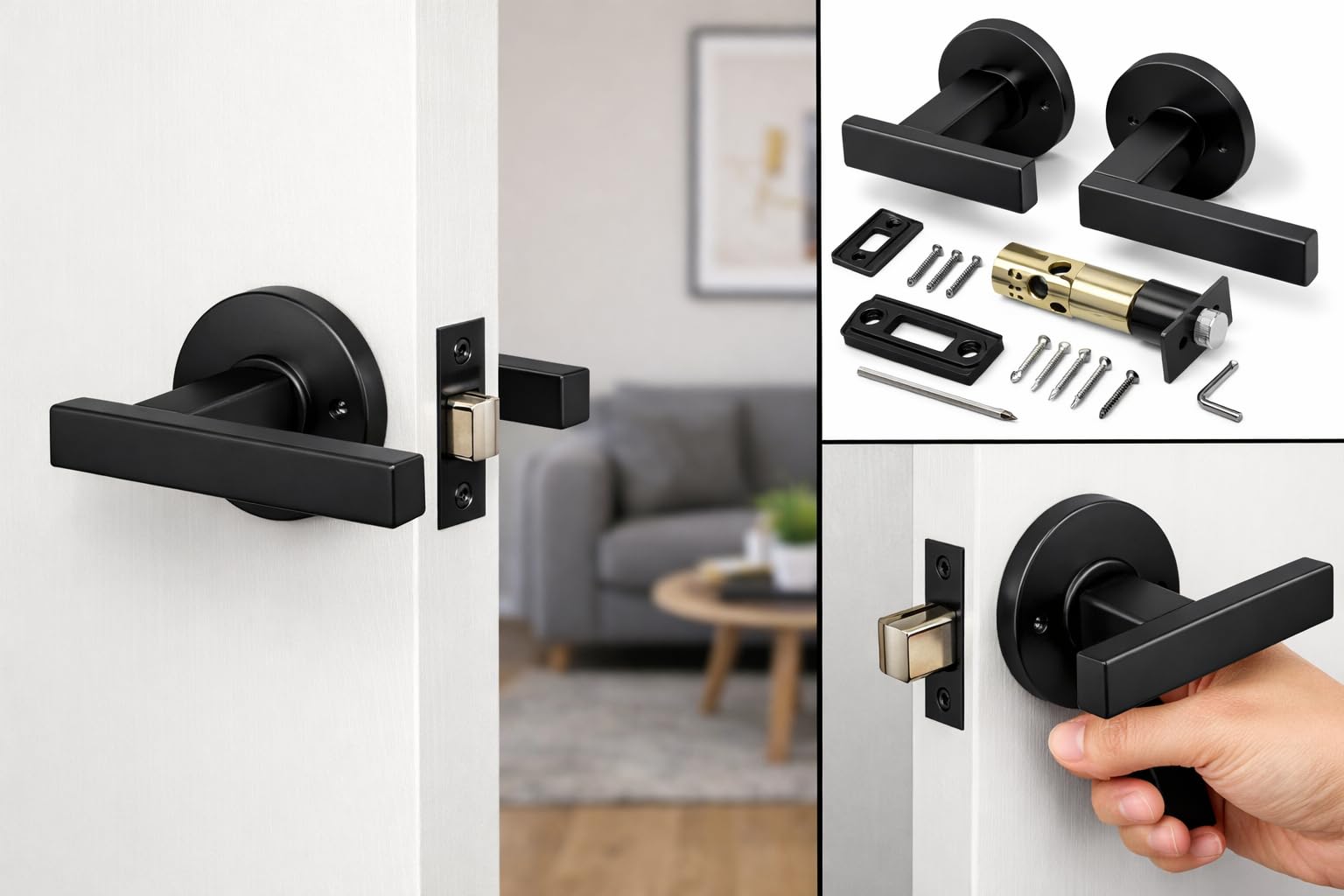 Midnight Bronze Door Handle Lever Set Interior Passage Privacy Entry Solid Metal Elegant Design Durable Heavy Duty Round Rose Easy Installation Hardware Kit for Bathroom