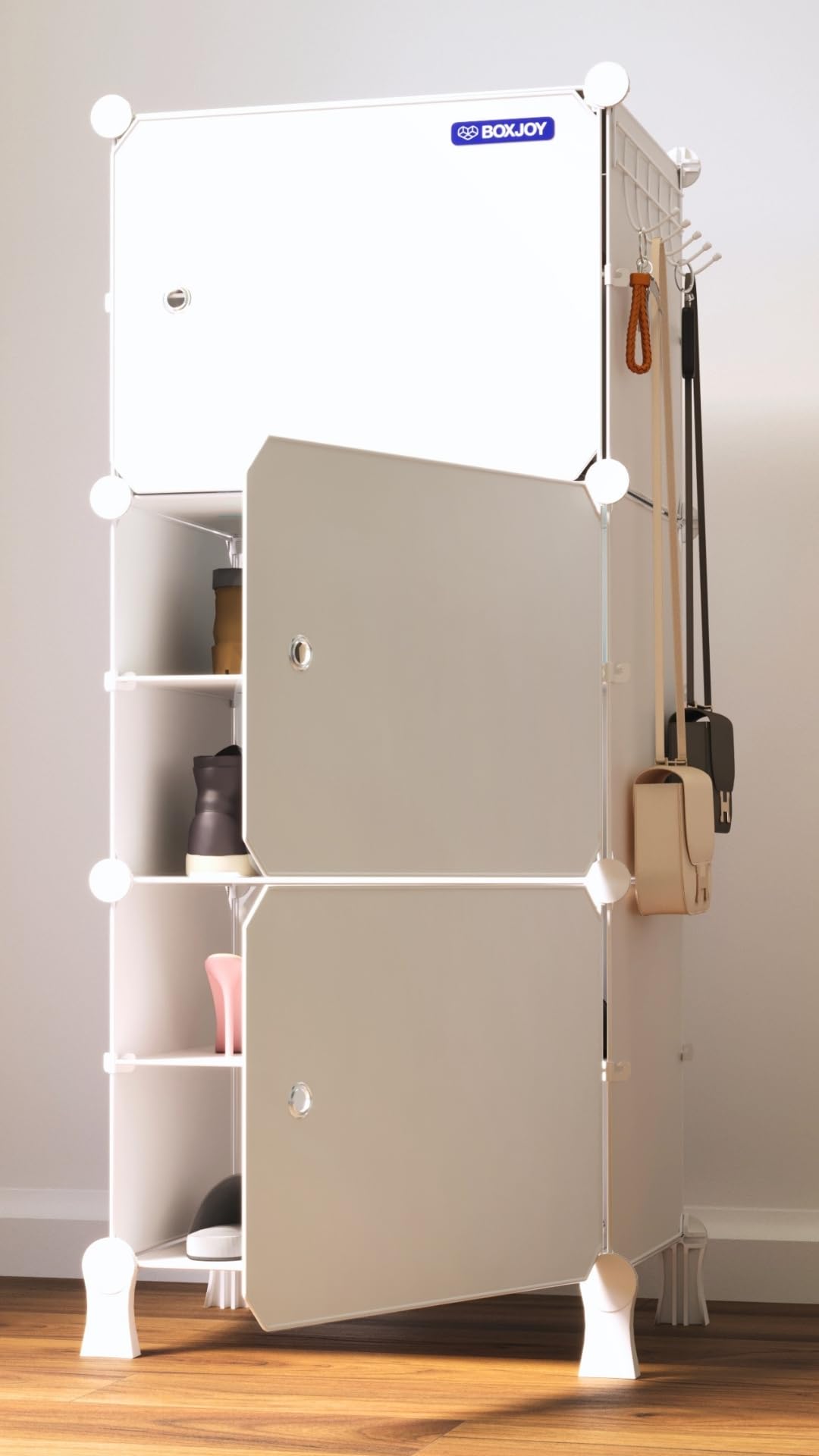 BOXJOY 6 Shelf Shoe Rack with 3 Doors, 5 Hook Steel Holder & Wooden Hammer | Shoes Stand Cabinet for Home Storage PP Plastic Organizer with Metal Frame, Chappal Slipper Box (White Rack, White Door)