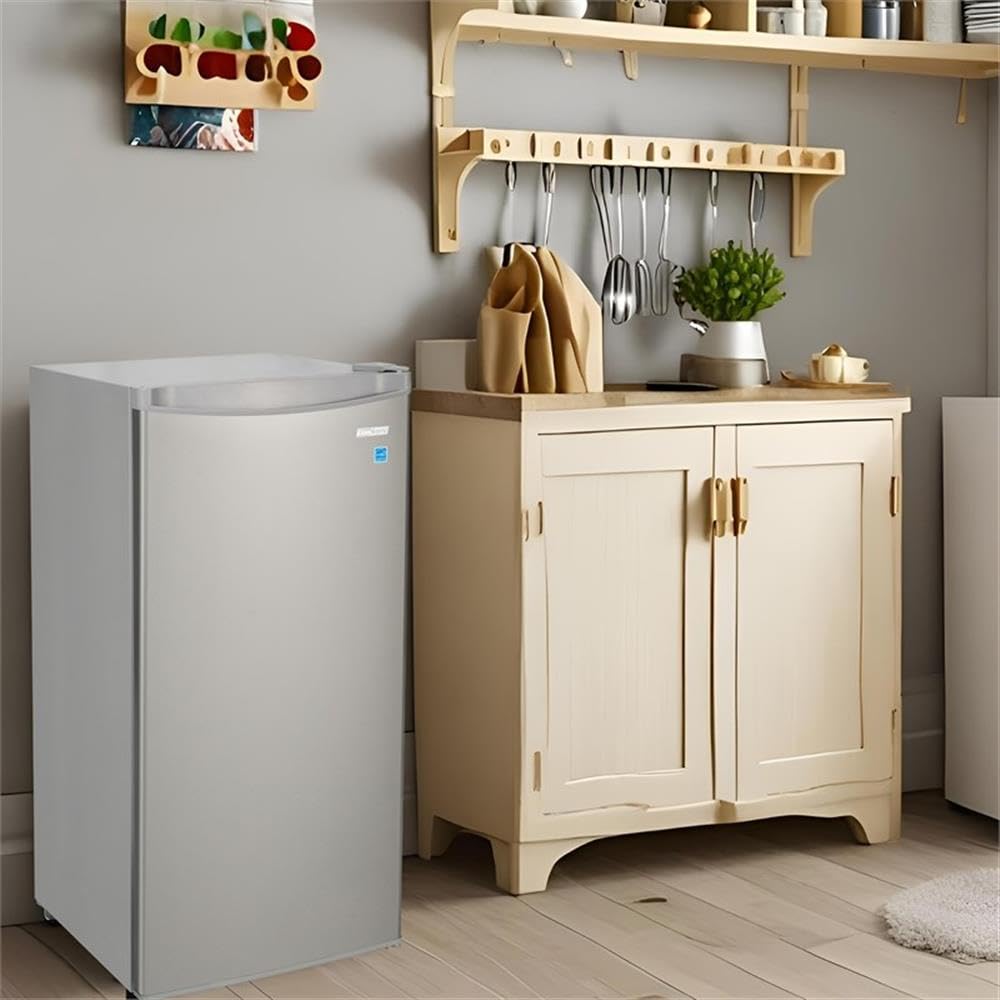 Pemberly Row Compact Upright Freezer, 4.3 Cu Ft, Freestanding Convertible Design, Stainless Steel Finish, Reversible Door, Adjustable Shelves, Garage-Ready, Quiet Operation, Small Space Kitchen or on Fridge.com