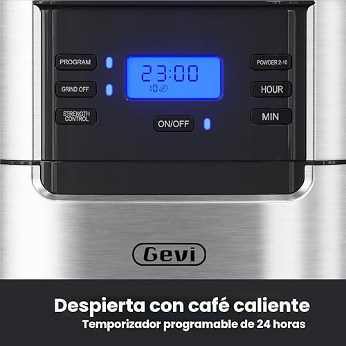 Miniatura 5 de Gevi Cafetera de 10 tazas con molinillo de rebabas integrado, temporizador programable, tanque de agua de 1.5L, filtro reutilizable y placa de