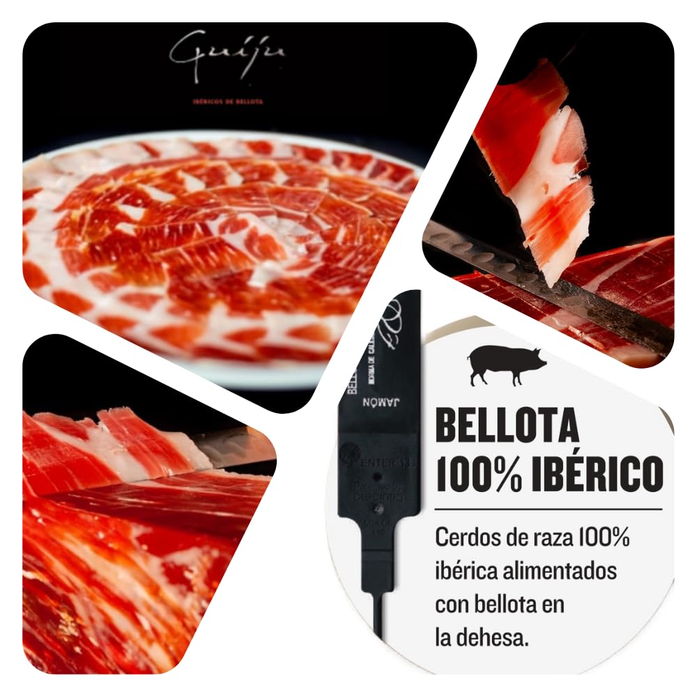Jamón Ibérico de Bellota 100% Ibérico, Pata Negra, Aprox. 8-8,5 kg, con Chorizo o Salchichón de Bellota y Cuña de Queso de Oveja+miel natural de encina, Marca Guiju.Certificado brida negra.