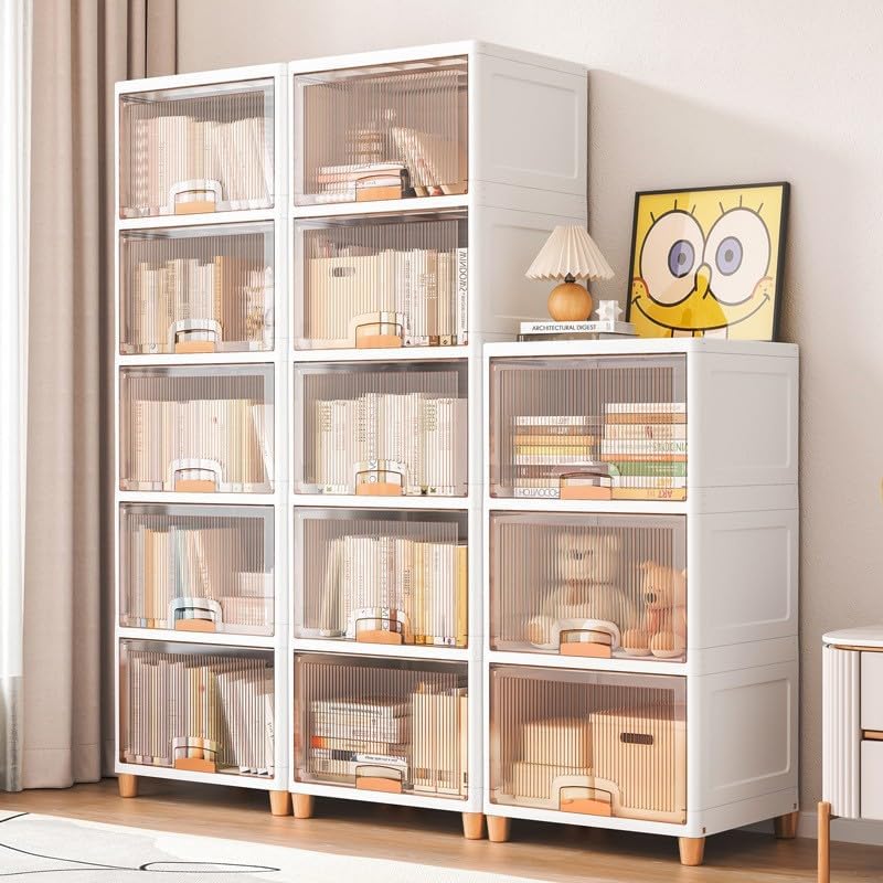 DecoLogy Plastic Racks/Kitchen Cupboard/Cupboard Rack/Stackable Basket/Wardrobe for Clothes/Multipurpose Organizer/Closet for Bedroom/Living Room/Laundry/Bookshelf (3PCS,Cuboard Rack -(Transparent) 4