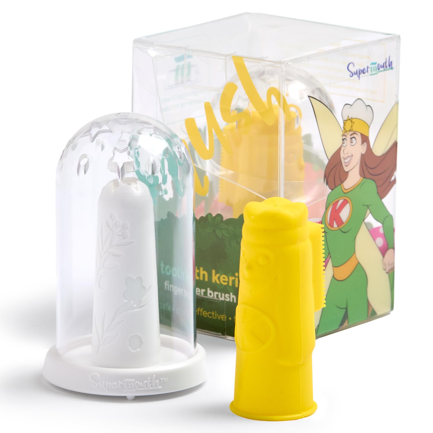 SuperMouth® Tooth Keri Baby Finger Brush 1-Pack – Soft Silicone Bristles, Built-in Bite Block Protects Fingers, Light-Up Wand for Easy Cleaning,