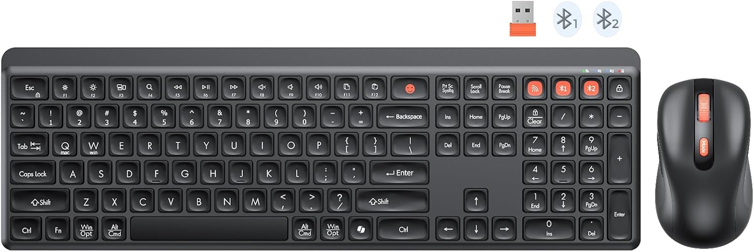Wireless Keyboard and Mouse Combo, 2.4G + Dual Bluetooth Multi Device, Full Size Silent Ergonomic Keyboard with 4 Level DPI Adjustable Wireless Mouse for Windows, Mac OS Desktop/Laptop/PC