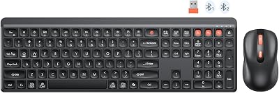 MEETION Bluetooth Keyboard and Mouse, 2.4G + Dual Bluetooth Multi Device, Full Size Silent Ergonomic Keyboard with 4 Level DPI Adjustable Wireless Mouse for Windows, Mac OS Desktop/Laptop/PC, Black