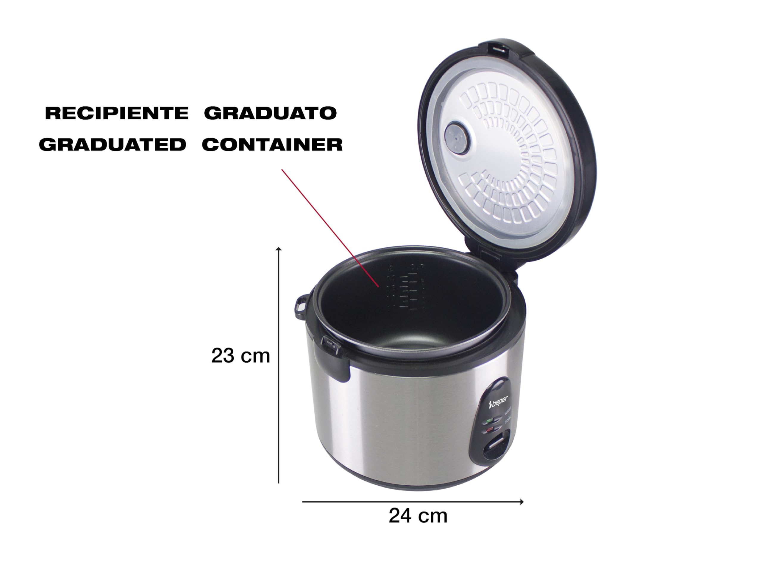 BEPER P101VAP002 Olla arrocera eléctrica con función de conservación del calor, capacidad de 625 g, revestimiento antiadherente, tapa con junta de silicona y bandeja para cocinar al vapor.