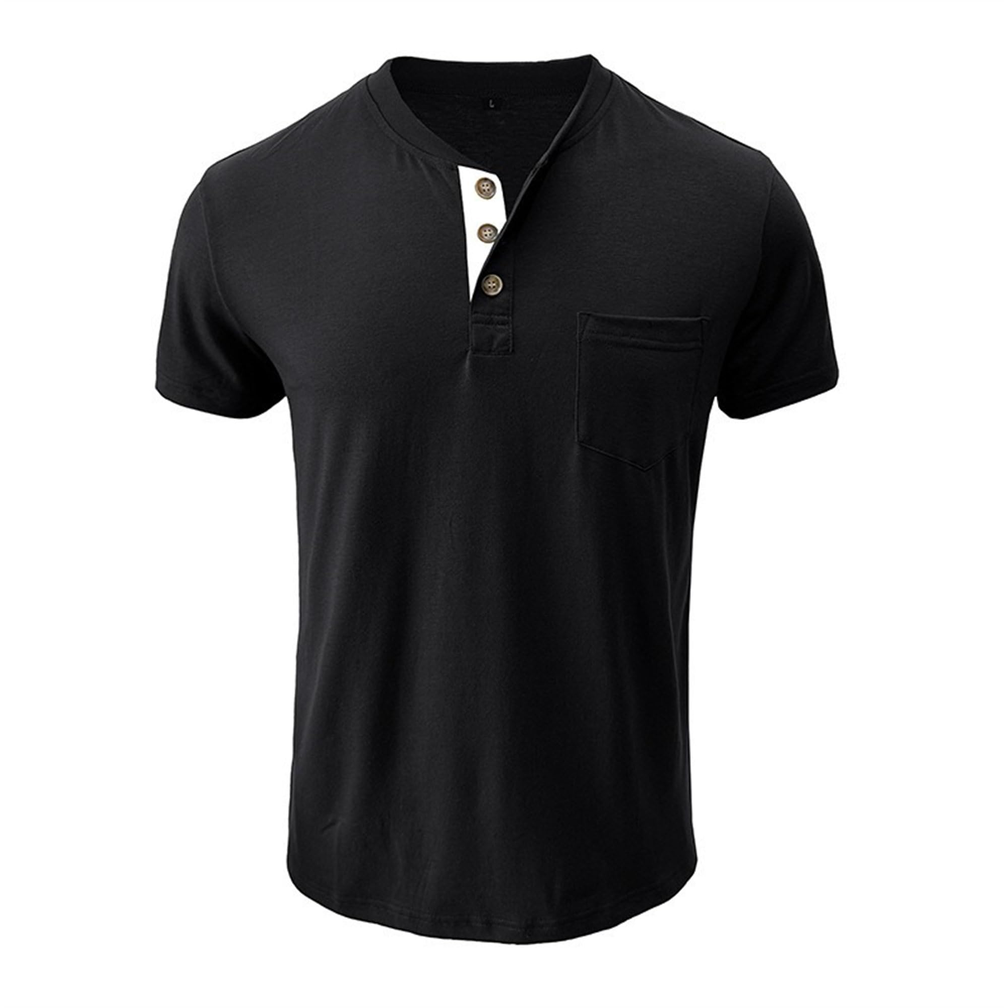 Zylphorix Men Breathable Thin Round Neck Polo Shirts Quarter Button Chest Pocket Henry T-Shirt Summer Casual Outdoor Pullover (Black,Medium)
