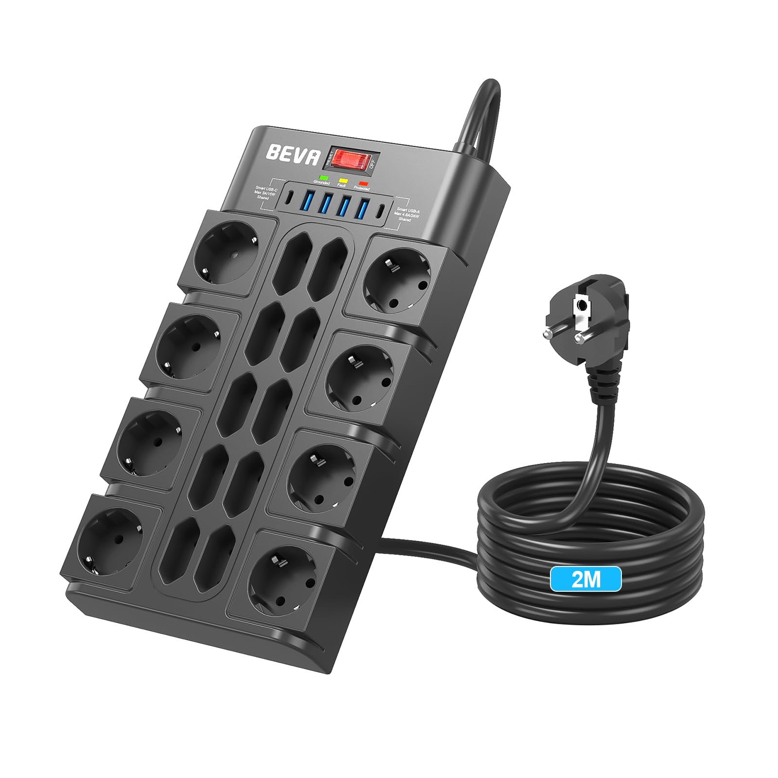 BEVA 18 Prises Multiprise,2100J Multiprise Parafoudre et Surtension,Noir | 3680W/16A Prise Electrique 4 USB-A +2 USB-C(15W), Prise Multiple avec Terre, Câble 2M