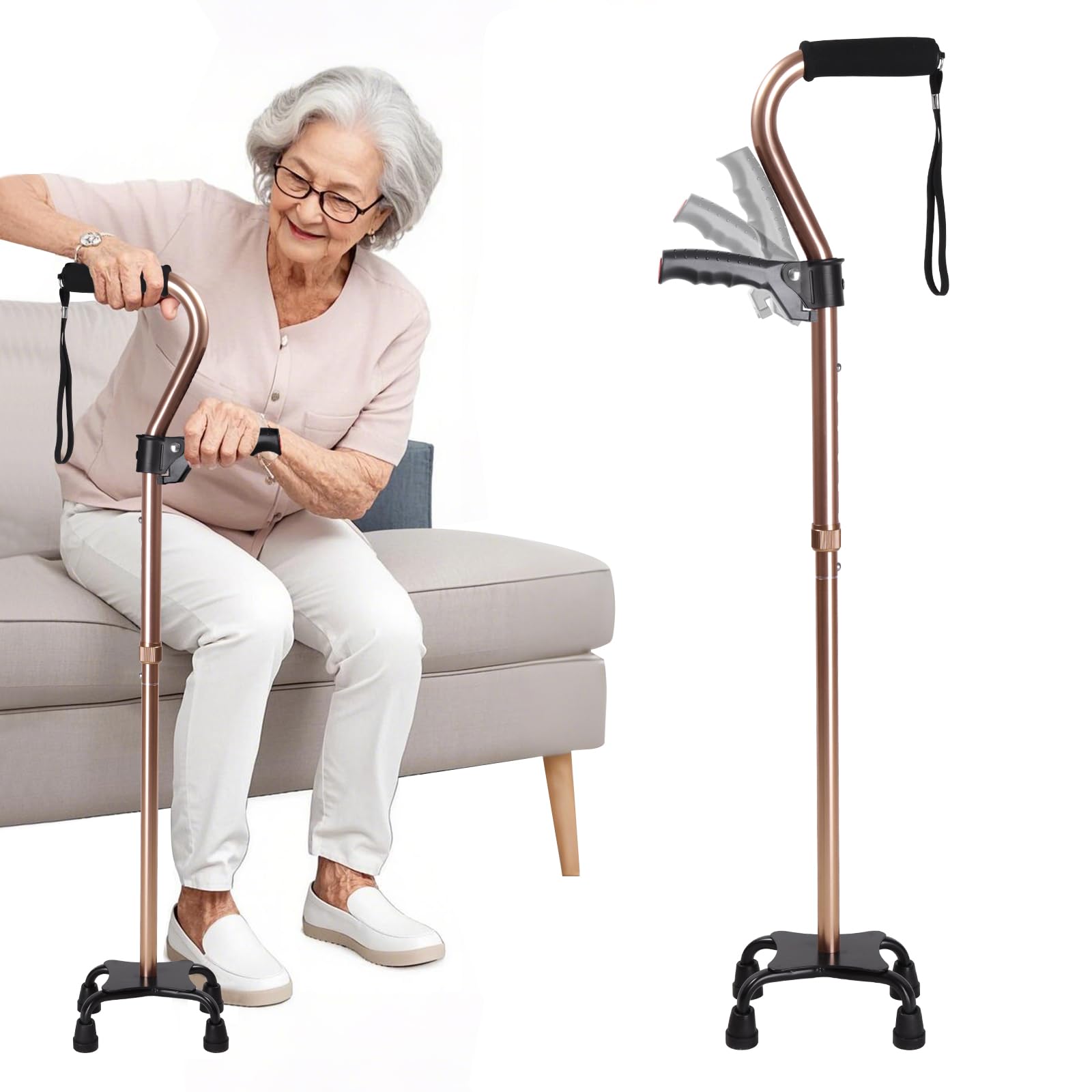 Quad Walking Cane Verstellbarer Herren & Damen, Faltbarer Gehstock für Senioren, Leicht & Stabil mit 4-Zinken-Basis für Extra Stabilität, Krücke mit Schaumstoff Gepolstert