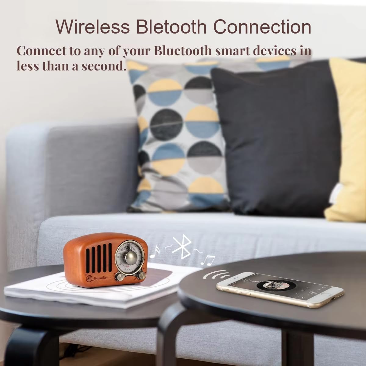 Radio Bluetooth w stylu vintage z dużym oknem tuningowym kompasu, bateria 1100 mAh, głośnik mono, jednopasmowy FM, żywotność 8 godzin, idealne do użytku domowego