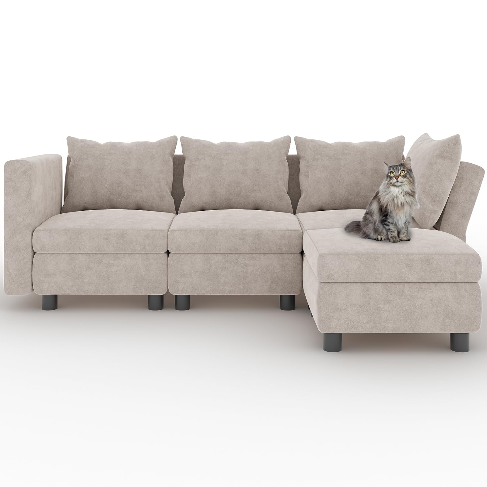 Flamaker Sofa with Storage, Corner Sofa with Upholstered Furniture, Modular Sofa with Angle-Adjustable Armrests and Backrests (4 Seats, Beige)