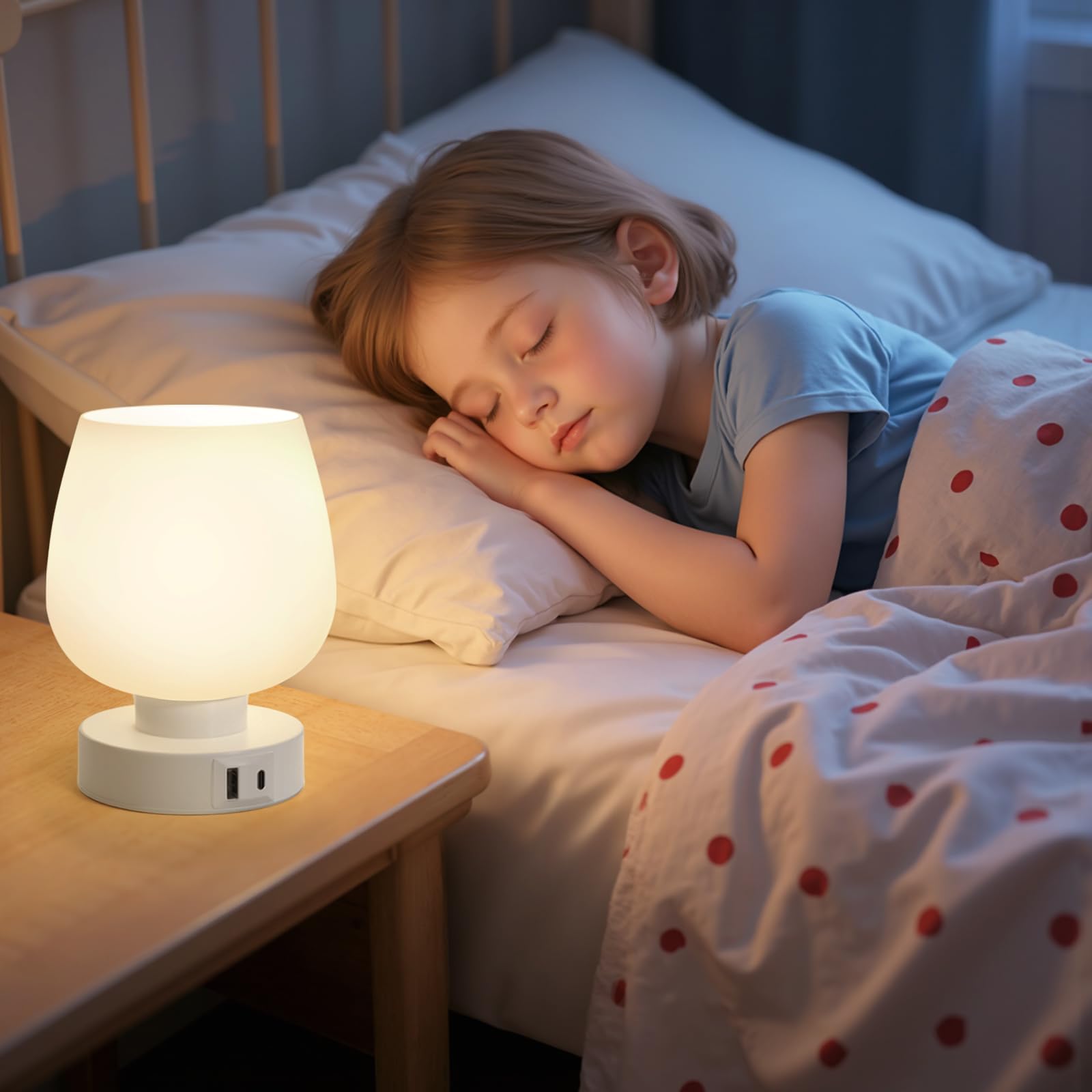 Nachttischlampe Touch Dimmbar 2er Set, Tischlampe mit USB A+C Anschlüsse LED Birne, 3-fach Dimmbar, Kleine Glas Lampe für Nachttisch Schlafzimmer Wohnzimmer Babyzimmer
