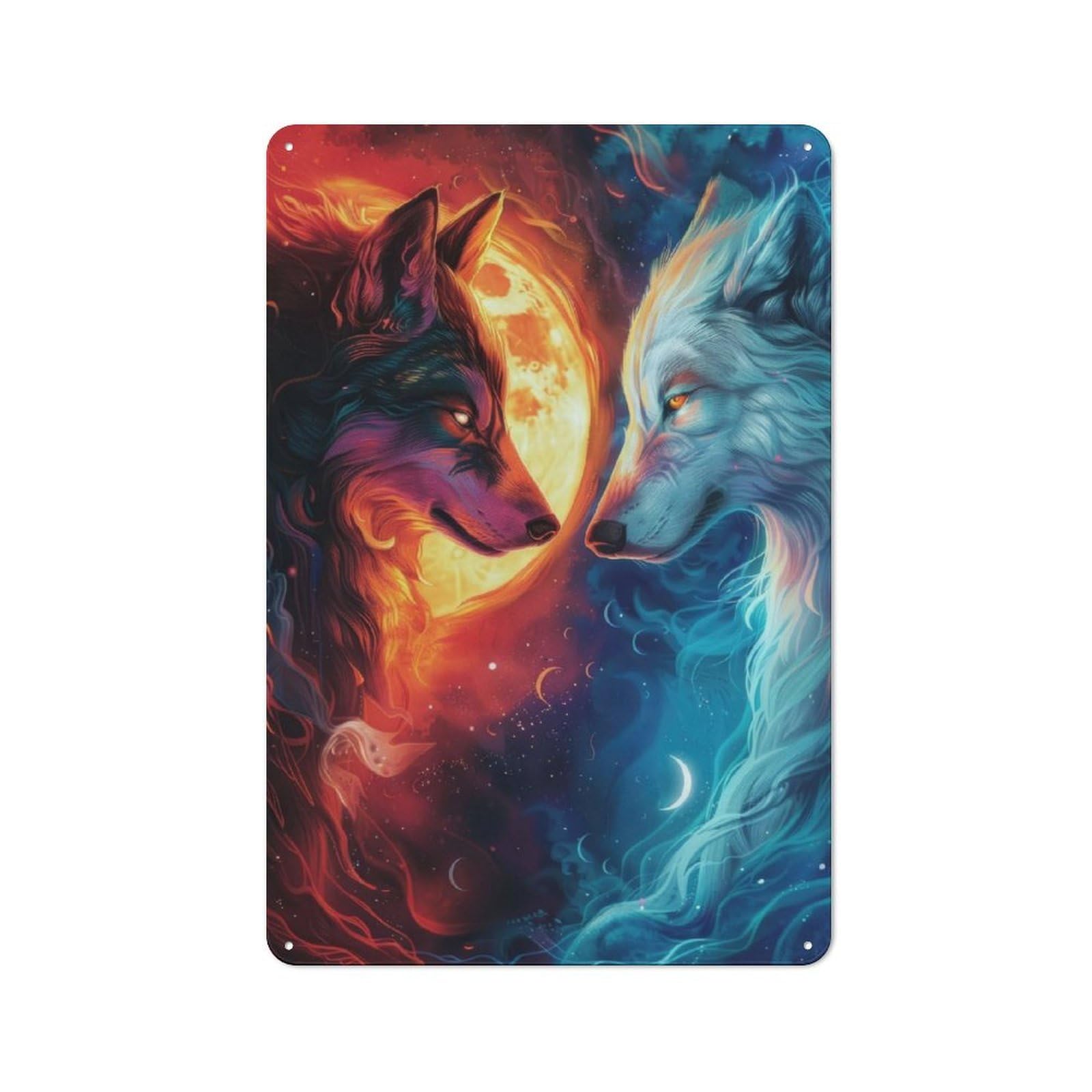 Junmoney Fire And Ice Wolf For Lounge Or Reading Corner, Rustic Tin Sign 30X20cm, For An Autumn Update To Lounge And Reading Corner