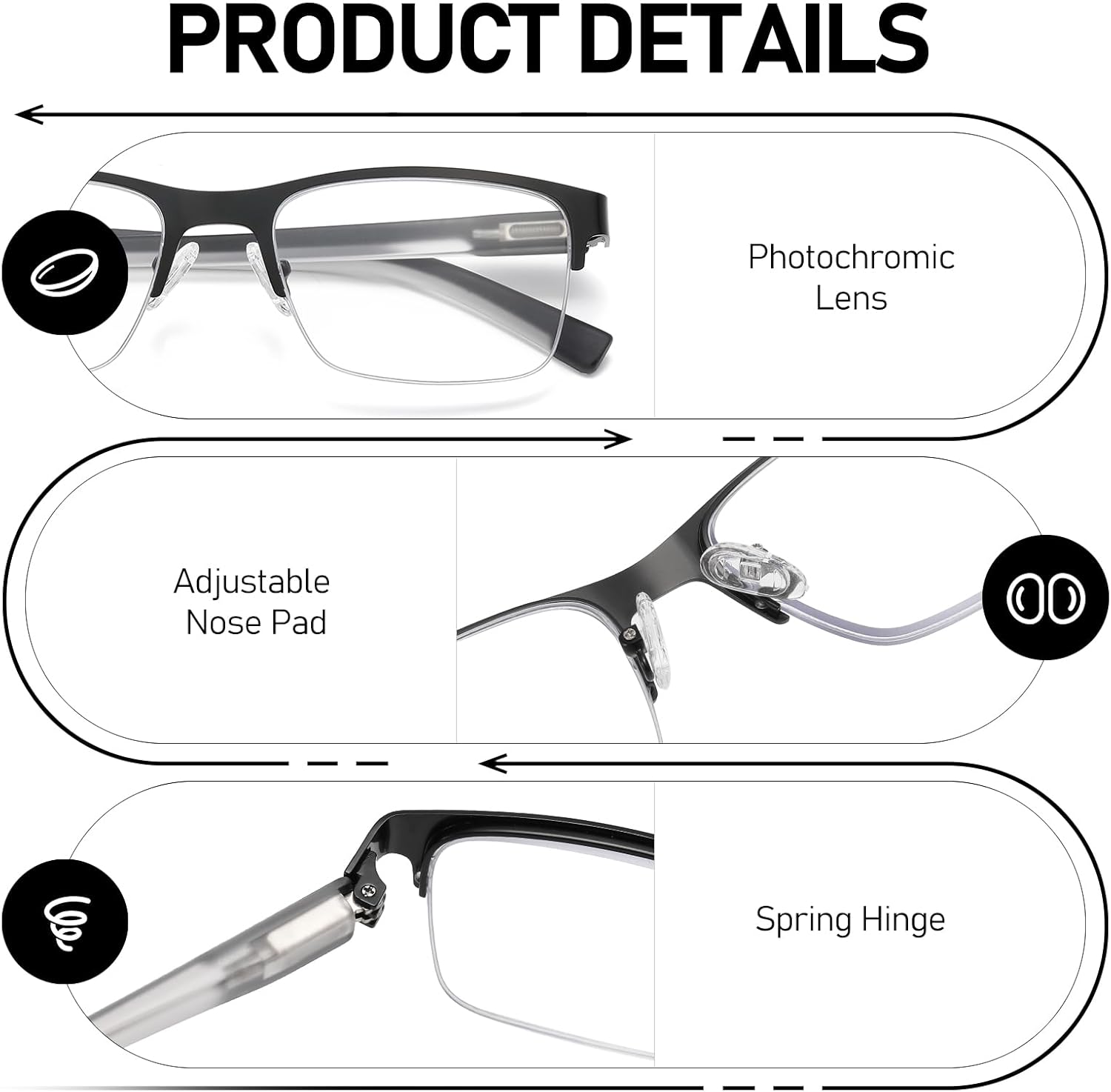 Reading Glasses Men Photochromic Lens Blue Light Readers Wide Metal Half Frame Style Sun Tinted Eyewear PT2002 - Image 5