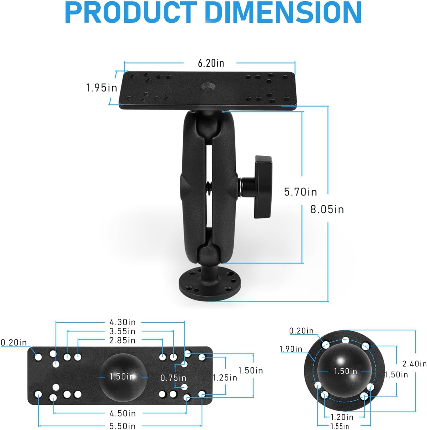 Fischfinder Support sphérique 1,5" en aluminium pour Garmin Echomap/Striker, Lowrance Elite/Hook/HDS & Humminbird Helix – Rotation à 360 °, inclinaison ± 90 °, qualité marine, plaque de montage