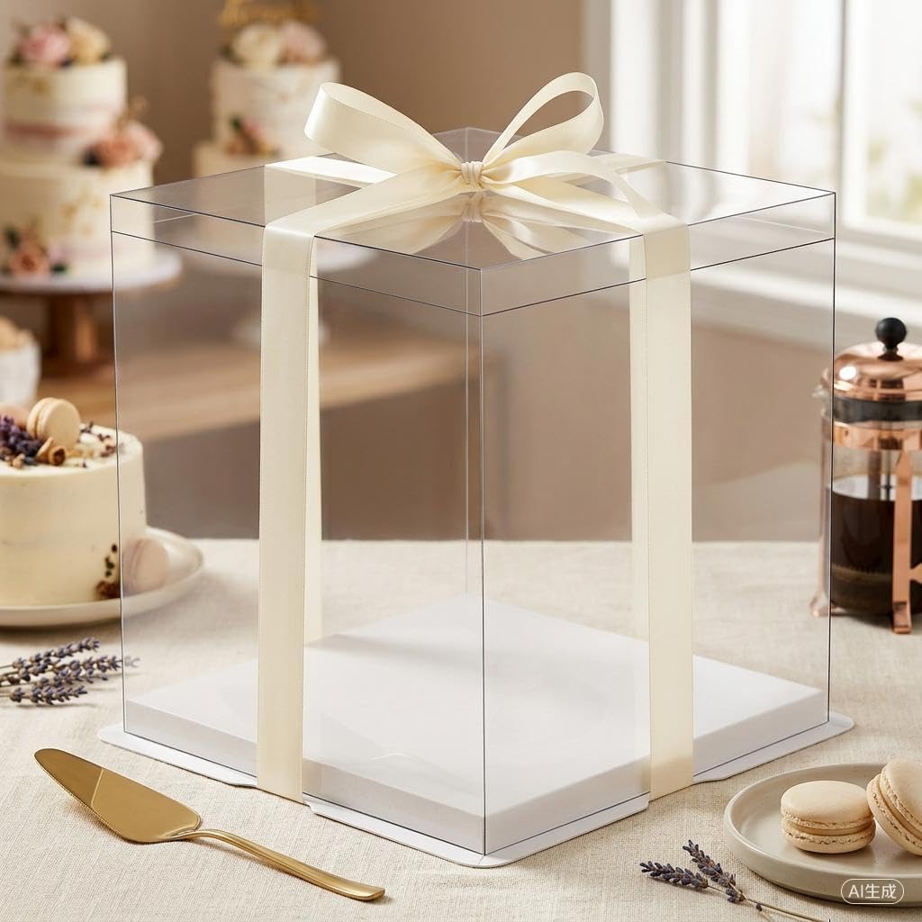 30 Pack 10 Inch Clear Cake Boxes - Bulk Premium PET Tall Cake Containers with Ribbon and White Base, Disposable Cake Carrier for Commercial Bakers