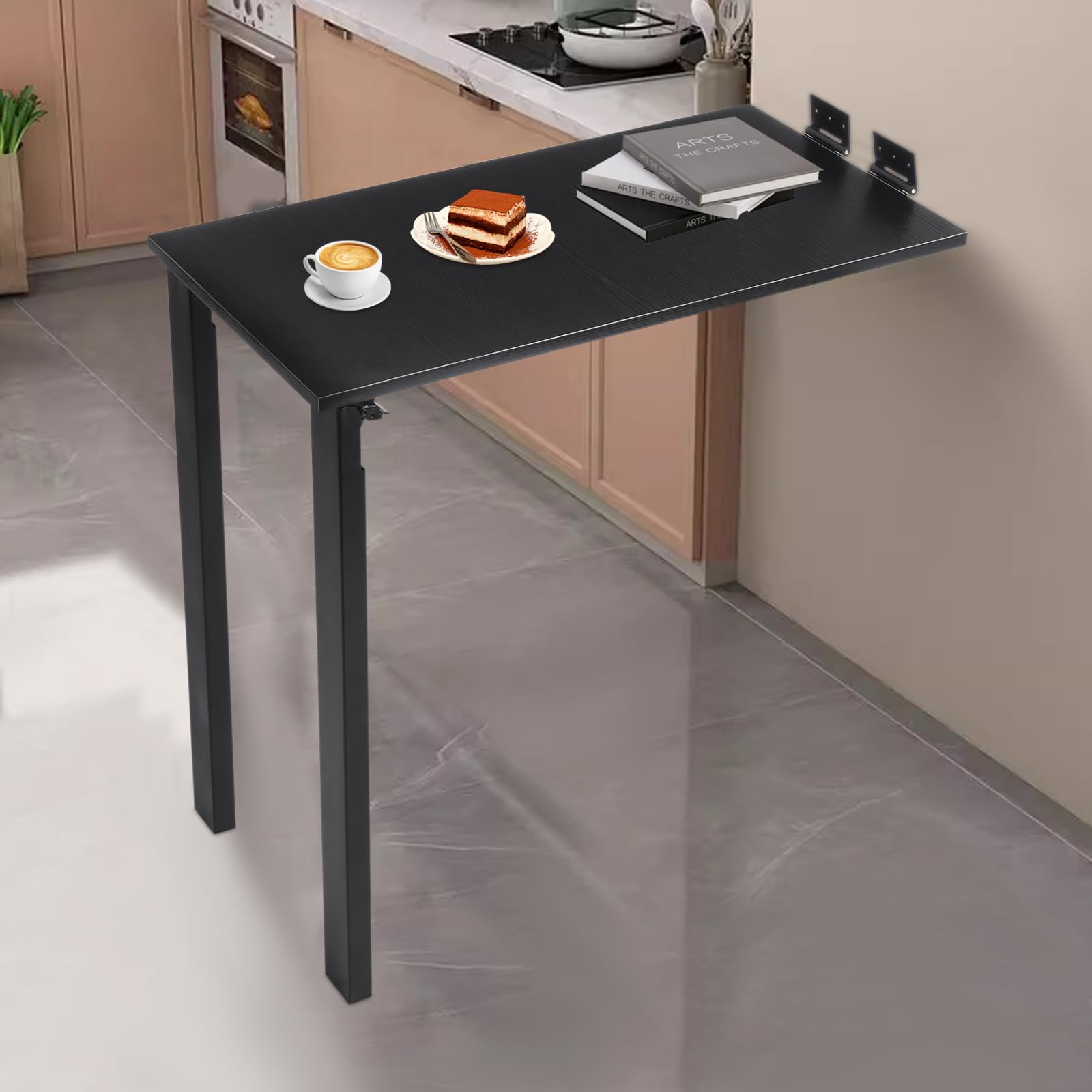Tavolo pieghevole montato a parete in legno massello E0 grade, 75 x 40 x 74 cm, pieghevole da parete, tavolo da cucina, tavolo da pranzo, tavolo da pranzo (nero)