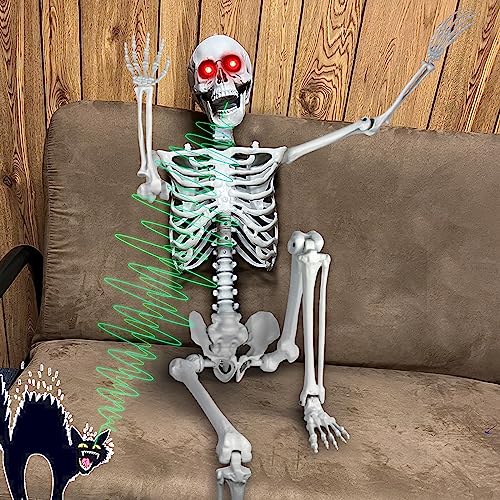 Halloween Skeleton Decorations Poseable - 5.5FT Life Size Skeleton Pose and Stay Human Skeleton with Sound Sensored LED Glowing Eyes & Creepy Sounds, Hanging Props for Halloween Decor