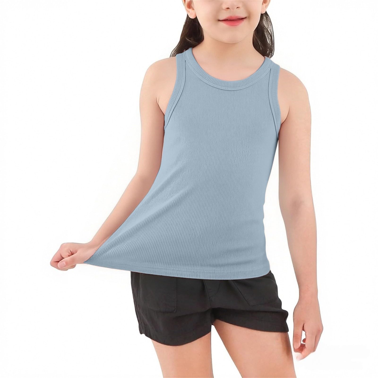 Canotte a coste per ragazze Canotte per bambini Gilet ritagliate Top Estate Girocollo Tinta unita T-shirt Senza maniche Balletto Ginnastica Abbigliamento da ballo