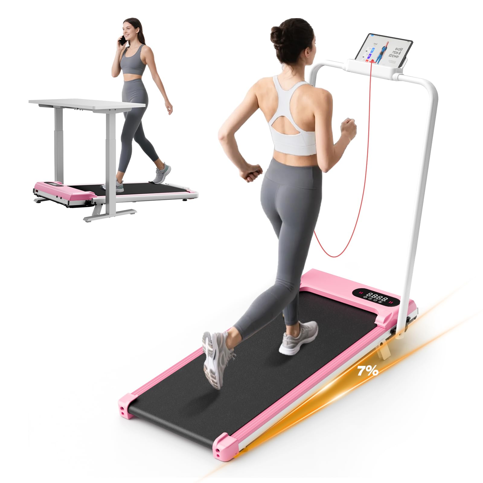 Walking Pad with Incline, 3 in 1 Treadmills for Home Foldable, 2.5HP Folding Treadmill Under Desk with Remote Control & LED Display for Home/Office Cardio Fitness Exercise (Pink) — image 1