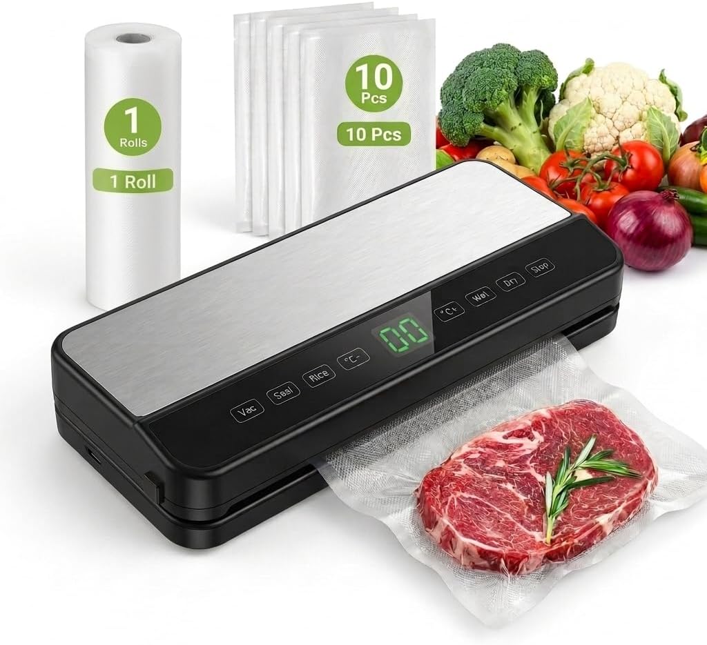 90KPa Powerful Vacuum Sealer Machine with UV Sterilization, Built-in Cutter & Roll Storage, Dry & Moist Modes, 5-Level Adjustable Sealing Temperature, External Suction Hose, 1 Roll & 10 Bags Included