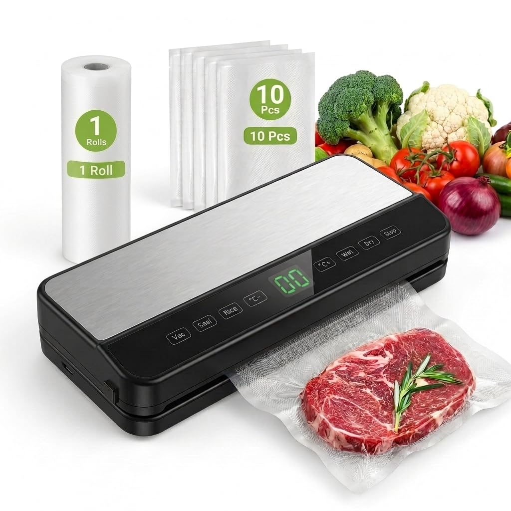 90KPa Powerful Vacuum Sealer Machine with UV Sterilization, Built-in Cutter & Roll Storage, Dry & Moist Modes, 5-Level Adjustable Sealing Temperature, External Suction Hose, 1 Roll & 10 Bags Included