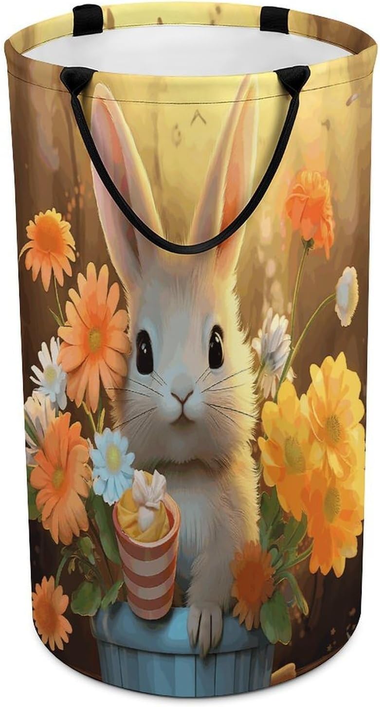 Rabbit Bird FlowerLaundry Hamper - Large Dirty Clothes Bag.Storage Basket for Easy Carry Handles. Large Clothes Basket with Handles, Clothing Storage Bucket Toy Organizer for Bathroom Bedroom Dorm.