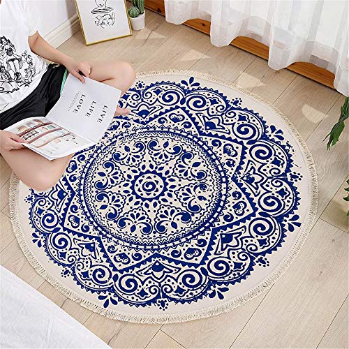 Redondo Alfombra Tejida a Mano con Borlas, Morbuy Algodón y Lino Estampadas Esterilla Lavable, Decorativo Manta Té Cuarto de Estar Alfombra Mesita Área de Alfombra (Azul Floral,120cm)