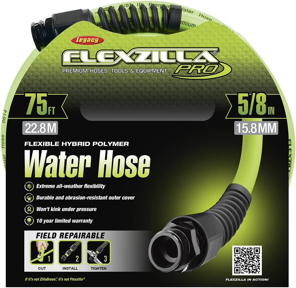 Flexzilla Pro Water Hose with Reusable Fittings, 5/8 in. x 75 ft., Heavy Duty, Lightweight, Drinking Water Safe, ZillaGreen - HFZWP575-E