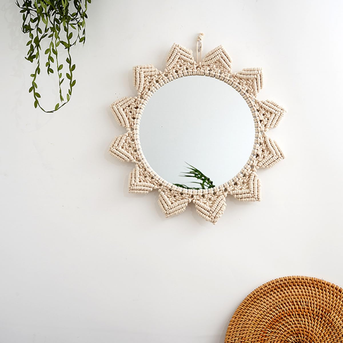 Luxshiny Runder Hängespiegel aus Baumwollseil mit Boho Stil Wanddekoration für Schlafzimmer und Hotel Kreativer Makramee Spiegel zur Wandverschönerung