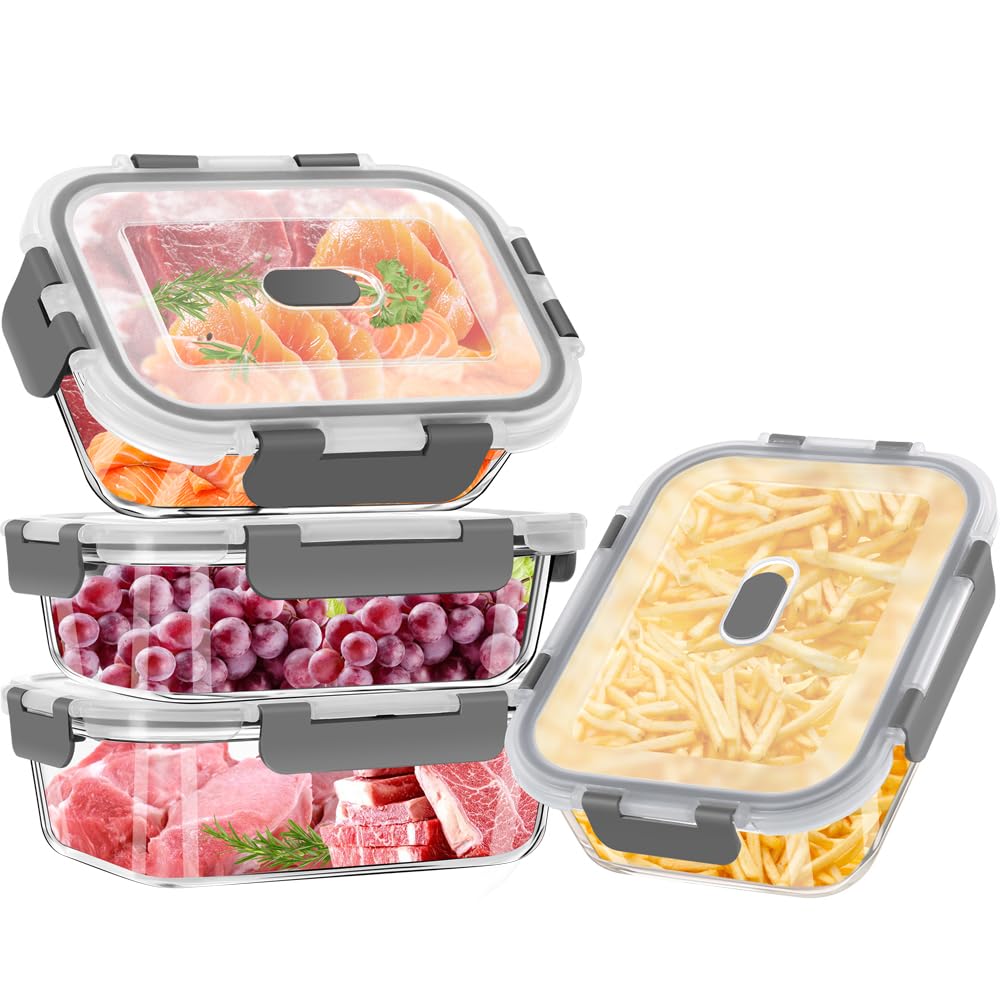Tarros de cristal con tapa 8 unidades (4 recipientes + 4 tapas) – Fiambreras de cristal 640 ml para microondas – Meal Prep Boxes de cristal – Fiambrera – Tarros de almacenamiento