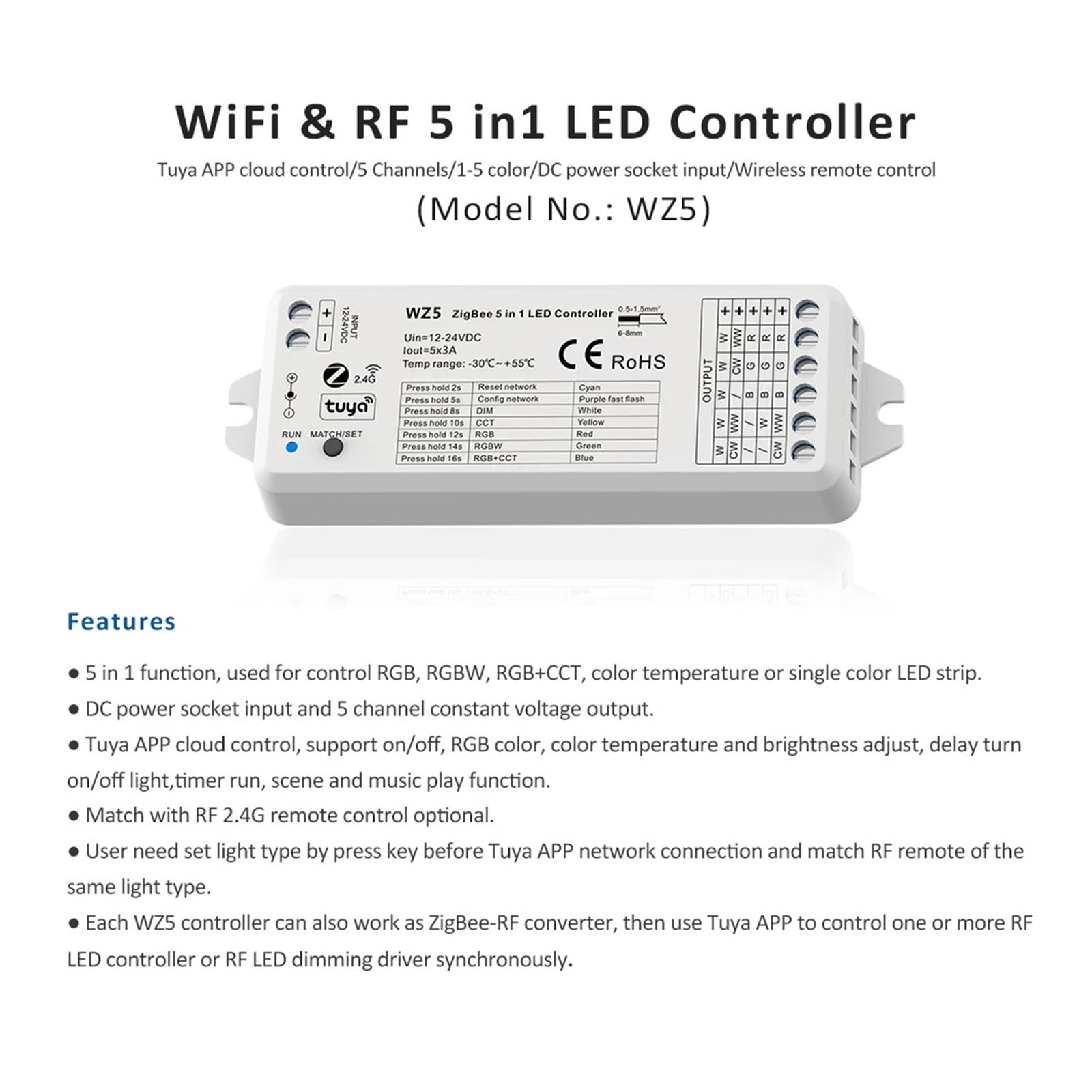 Tuya Zigbee DC 12 V 24 V 15A 5 w 1 RGB CCT RGBW kontroler taśmy świetlnej RF 2.4G WiFi, WZ5 Smart Home (tylko RT10 zdalny)