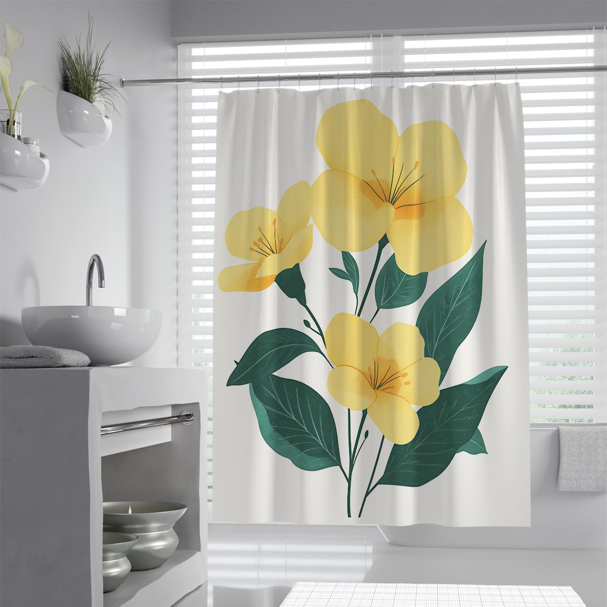 UIRINGART Yellow Floral Shower Curtain W100xL180cm Modern Botanical Leaf Print Waterproof Anti Mould Fast Drying Easy Care Bathroom Screen with Hooks