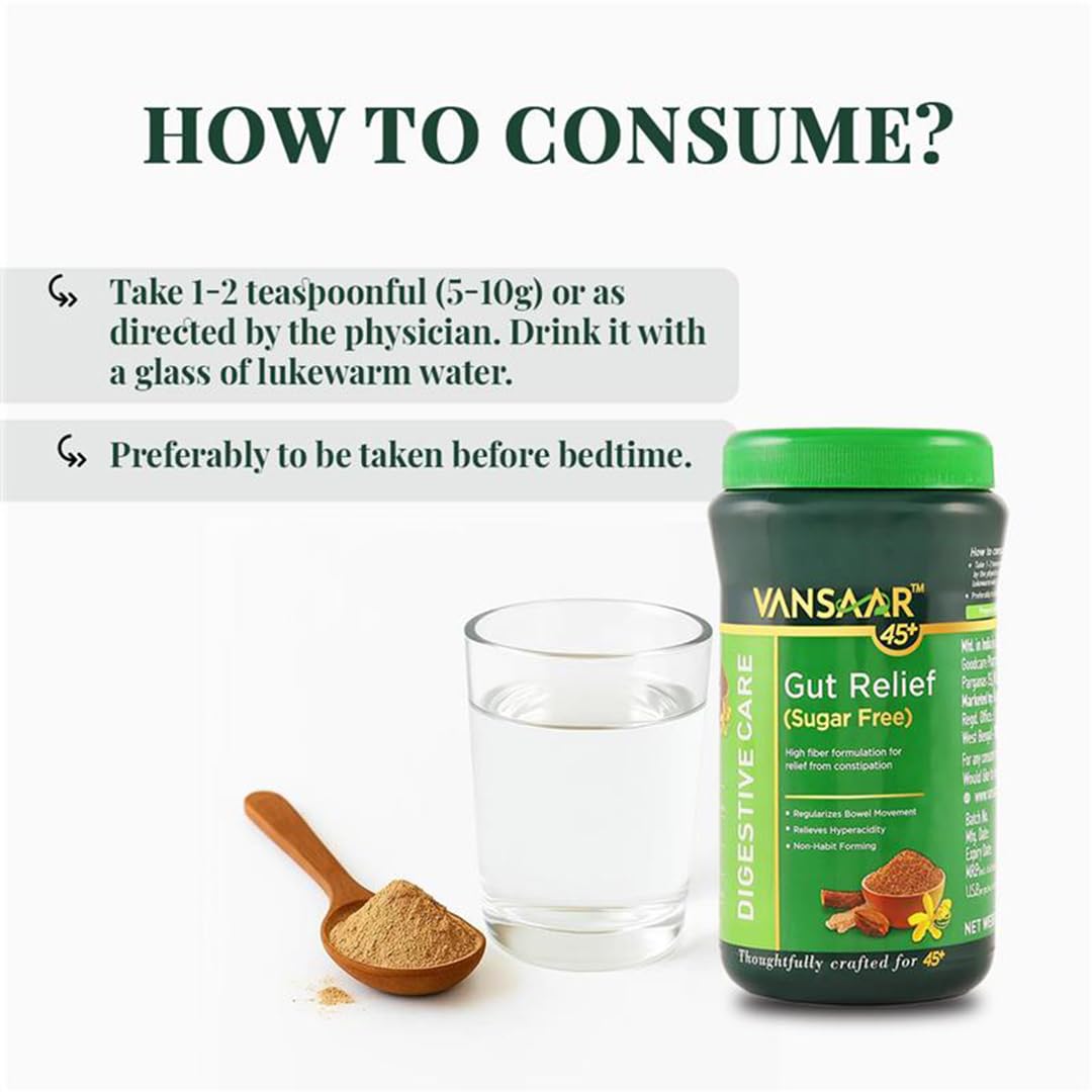 Vansaar 45+ Isabgol Gut Relief (Sugar free) 200g| Relieves Constipation, Gas & Bloating| Enriched with Isabgol Psyllium Husk & 6 Proven Ayurvedic Herbs for Gut Health| Gentle Laxative,Non-Habit forming 4