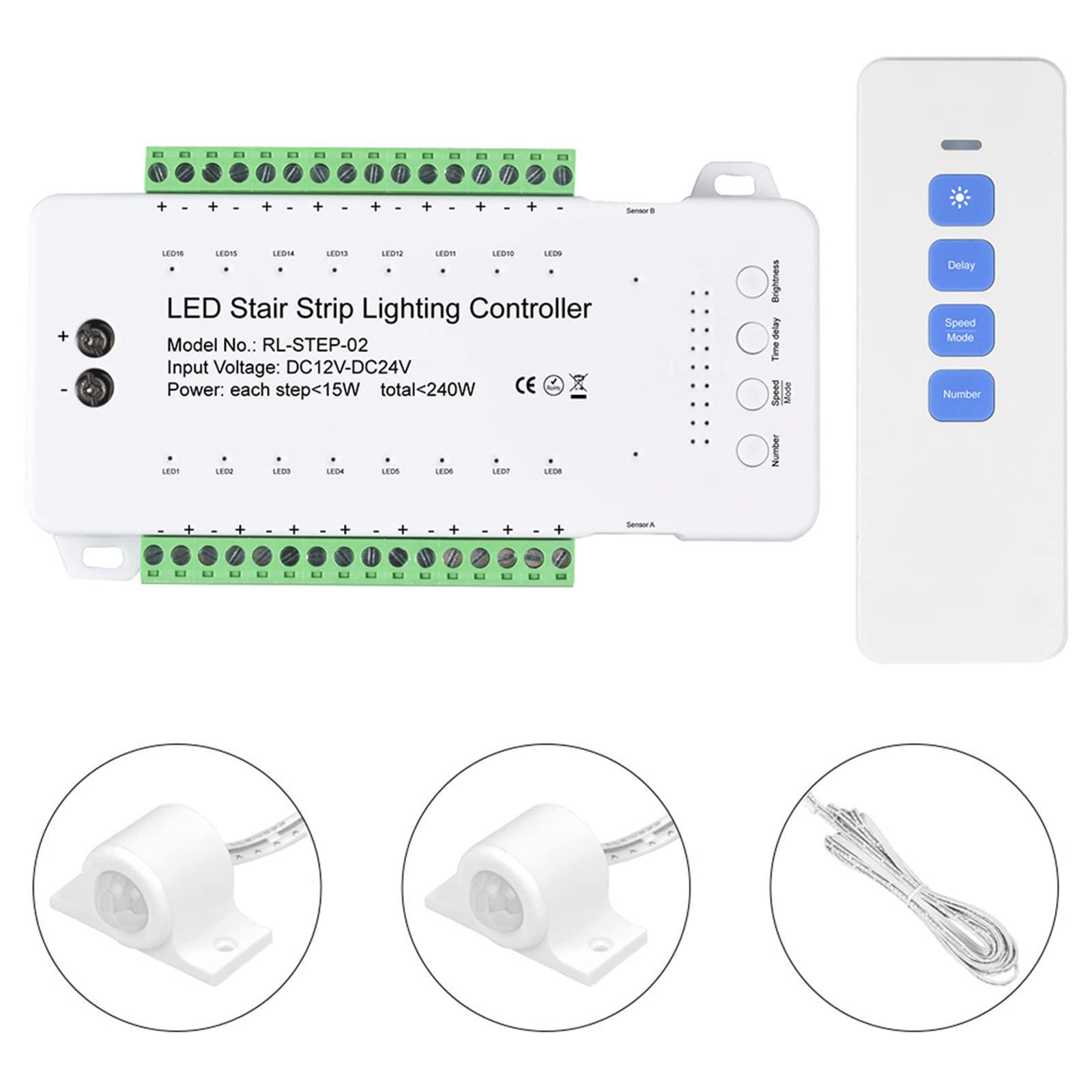 Treppenbeleuchtung Controller mit Bewegungsmelder,LED-Strip-Controller 12V bis 24V,mit Helligkeits-,Geschwindigkeits- und Zeitverzögerungsfunktionen (Neun-Modell, bis 16 LED, mit Fernbedienung)