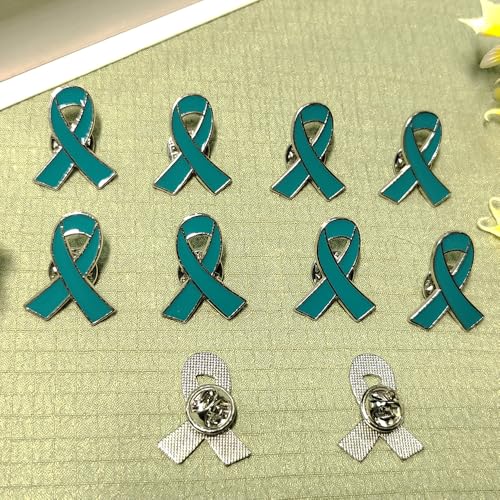 Image of 50 Pieces Teal Ribbon Pins Teal Awareness Lapel Brooches for Cervical Ovarian Cancer, Substance Abuse, Sexual Violence Awareness