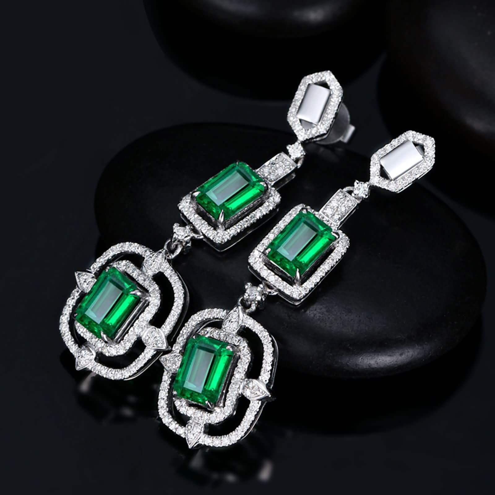 Damen Ohrringe Weißgold 9K / 14K / 18 Karat, Rechteck mit Smaragd 2,6 Karat und Diamant, Damen Hochzeit Ohrringe Silber Grün