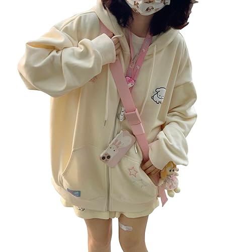 OATSBAS Kawaii Zip Up Hoodie Women Cute Cartoon Embroidery Oversized Pullover Sweatshirt Harajuku Kawaii Hooded Top - Medium - Beige-thick