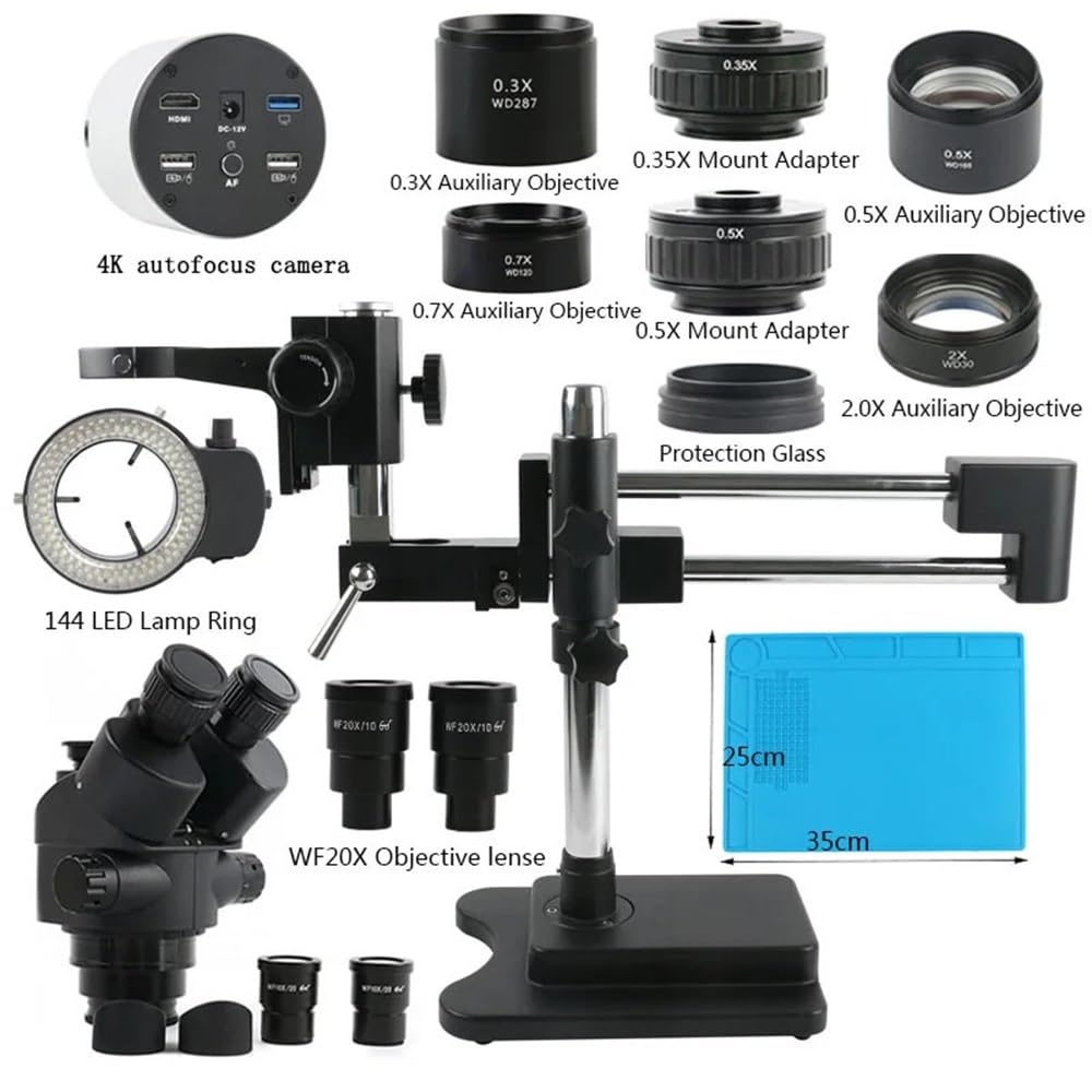 Microscope Autofocus IMX334 4K HDMI USB Measuring Stereo Trinocular Microscope Electronic Digital Video Camera Double Boom Bracket Set(B,Black Microscope)