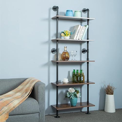 Miniatura 9 de Estantería industrial de tubería de 5 niveles de 67 pulgadas, estantes estante rústico negro en